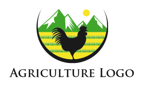 make an Agriculture logo chicken in farm with mountain and sun