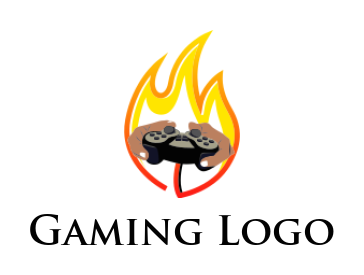 games logo hand holding gaming console with fire