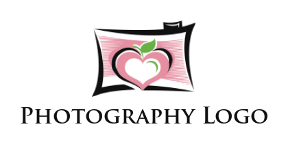 create a photography logo heart shape lens inside abstract camera for wedding photography