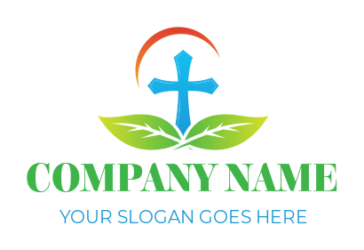 religious logo cross with leaves swoosh on top