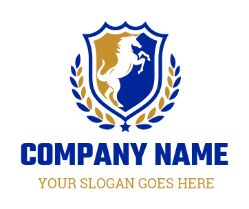 design an animal logo horse set inside shield crest with laurel