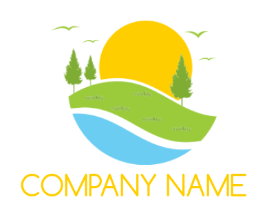 landscape logo with sun trees river and grass