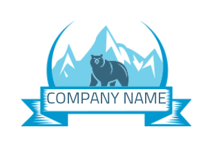 pet logo bear in front of mountains with ribbon