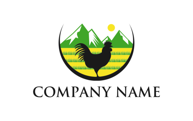 make an Agriculture logo chicken in farm with mountain and sun 