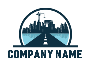 construction logo icon city scape with road and crane in circle