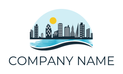 real estate logo maker city skyline with wave on river 