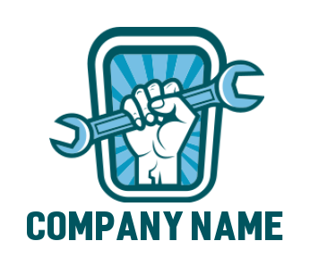 create a handyman logo fist holding wrench vintage emblem in sun rays 