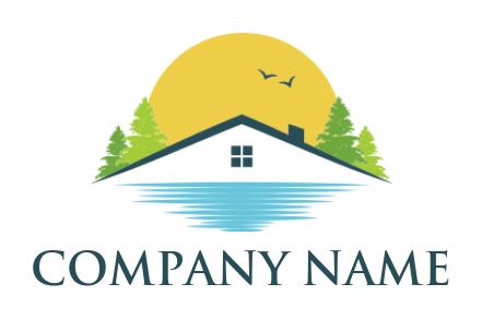 Make a real estate logo of gable roof on water with sun and trees  