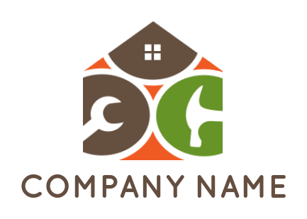 Make a home improvement logo of hammer wrench and window in house 