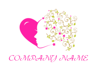 beauty logo icon heart merged with woman face with floral hair