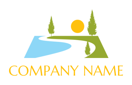 create a landscape logo river sun and pine trees
