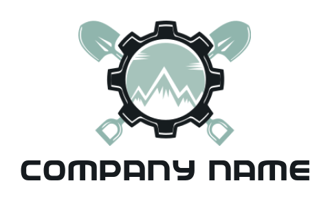 home improvement logo template mountain inside gear and crossed shovel