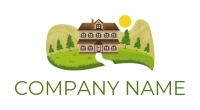 real estate logo illustration house with mountains and the sun 