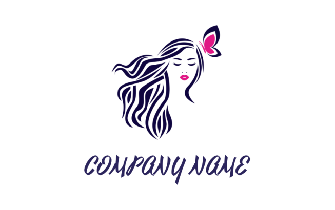 beauty logo woman face in long hair with butterfly