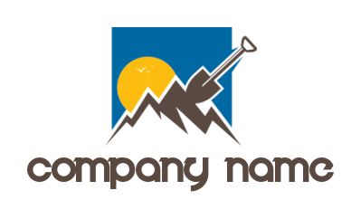 construction logo shovel with mountains and sun