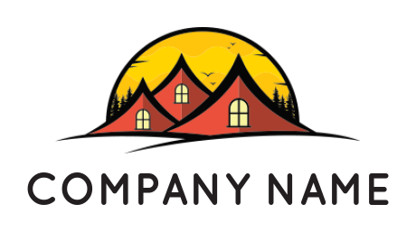 create a real estate logo sun behind camp roofs