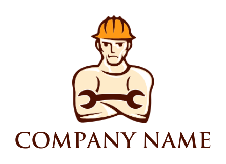 construction logo worker in helmet with wrench