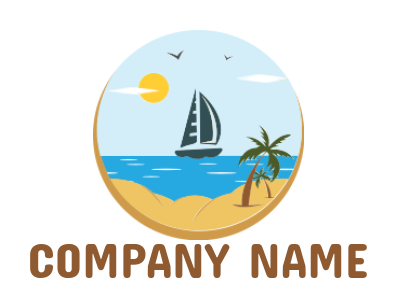 travel logo yacht on sea with sun and palm trees