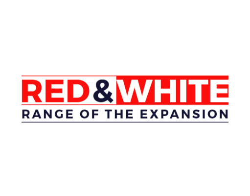 advertising agency logo red and white text in lines