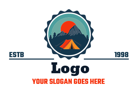 campsite in badge with tent and mountains and sun | Logo Template by