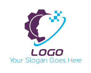 make an IT logo head in gear with swoosh pixels | Logo Template by ...
