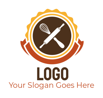 generate a restaurant logo whisk and rolling pin badge with ribbon