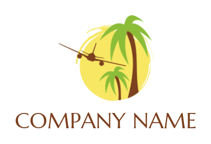 Travel logo airplane flying palm trees circle