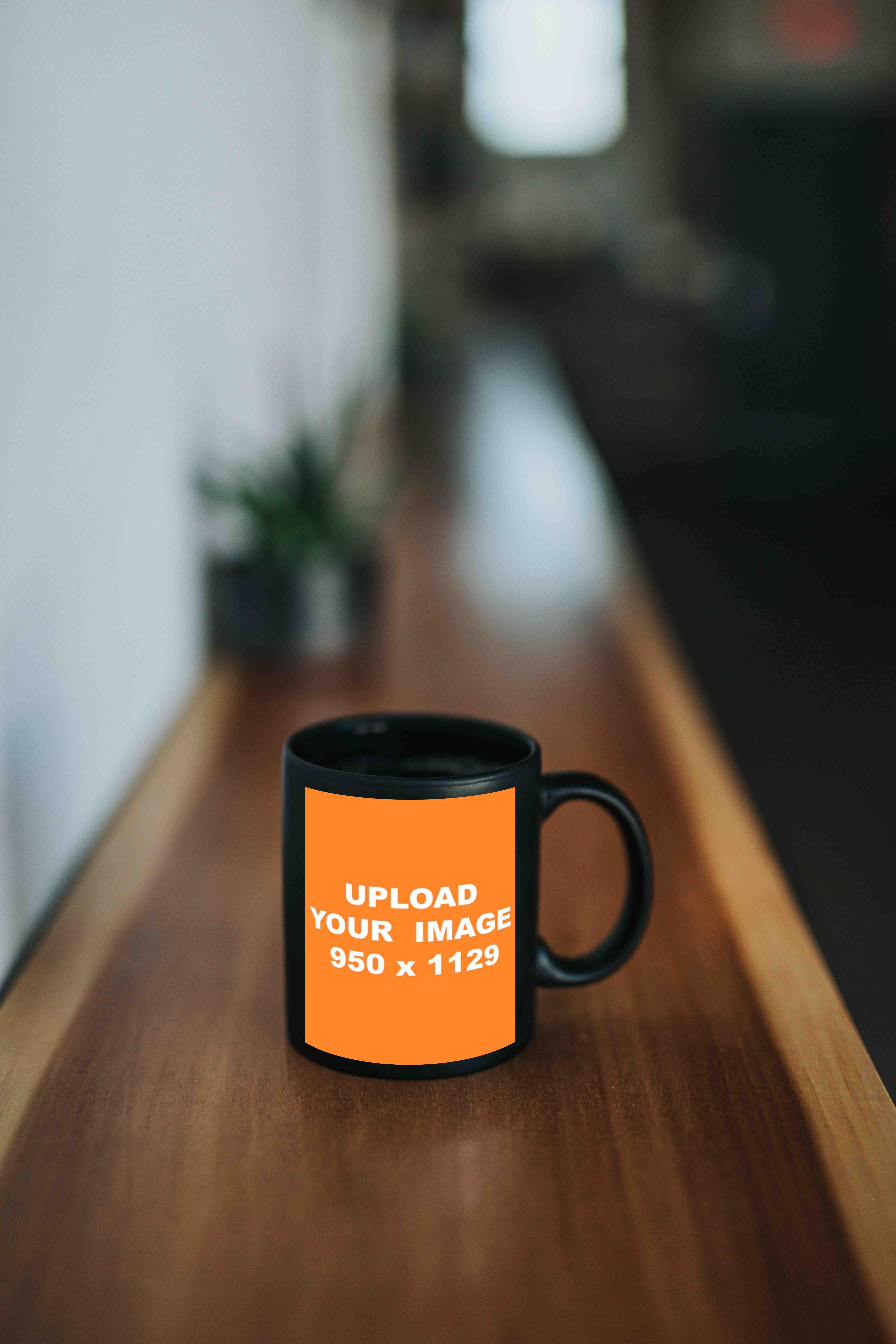 coffee mug mockup on brown wooden surface