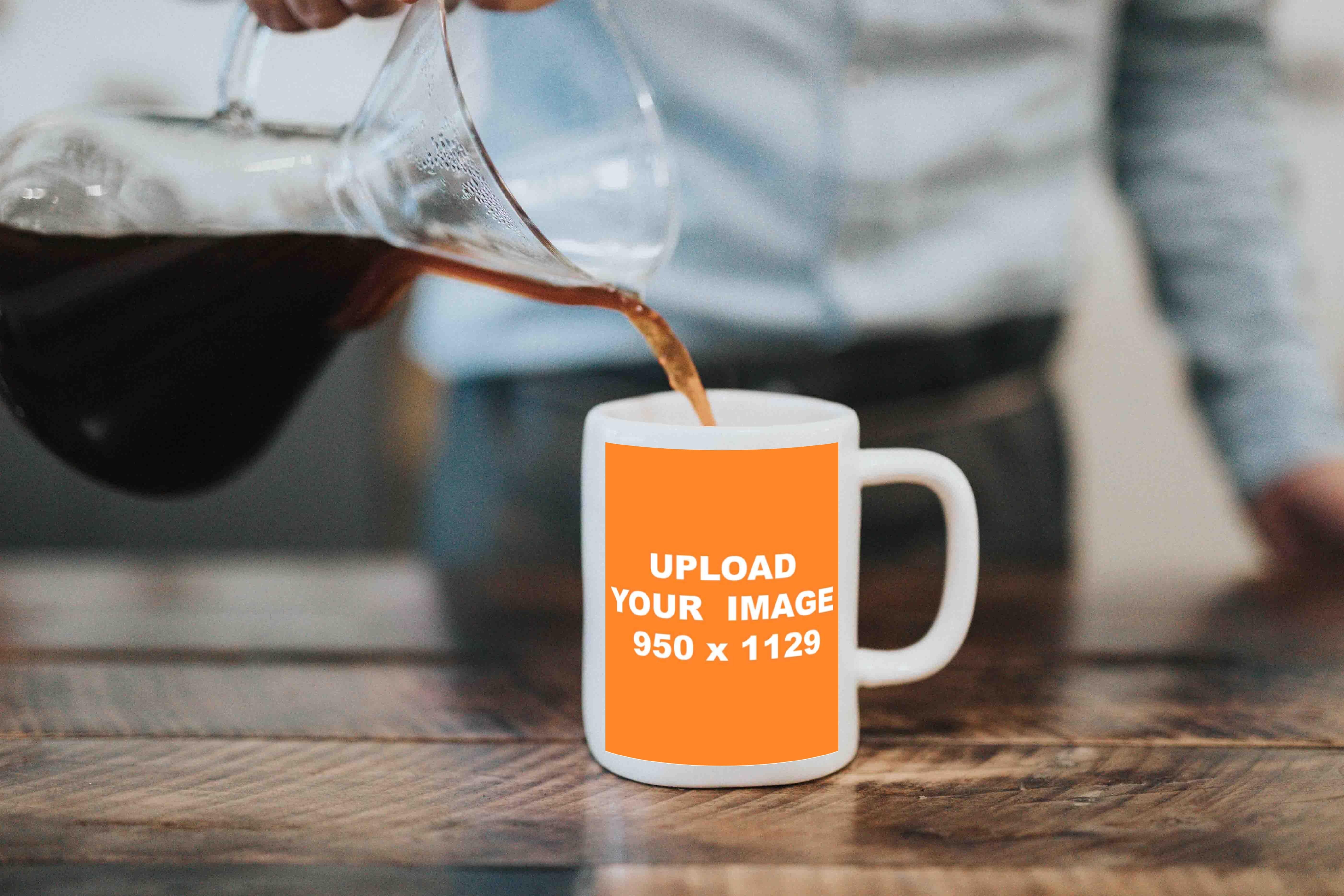 man pouring coffee in white mug mockup builder